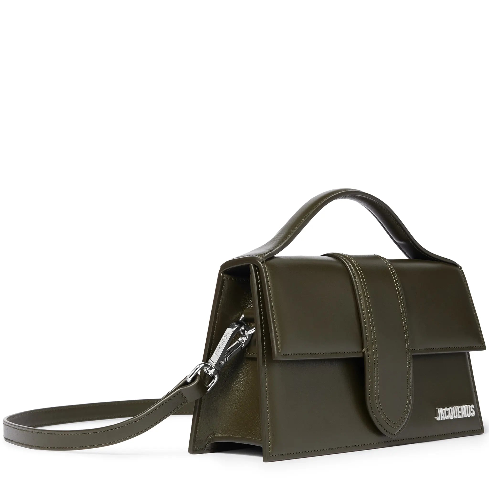 Front Side View of Jacquemus Large Bambino Dark Khaki Crossbody Bag BAW00007AC01C02580